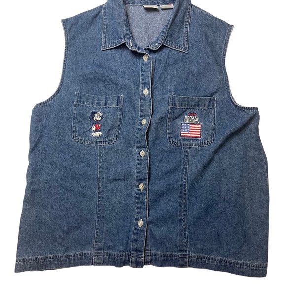 VTG Disney Womens Mickey Mouse Denim USA Flag Jean Vest Size Large Sleeveless - Picture 2 of 6